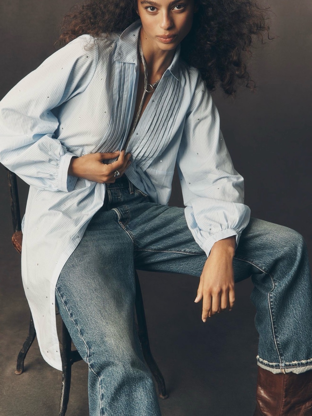 Anthropologie Light Blue Pinstripe Pleated Tunic Blouse